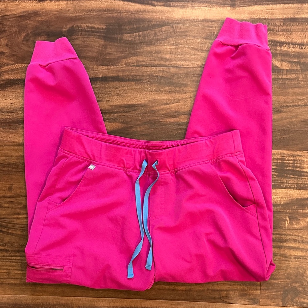Figs Women's Hot Pink Jogger Scrub Pants with Blue Drawstring
